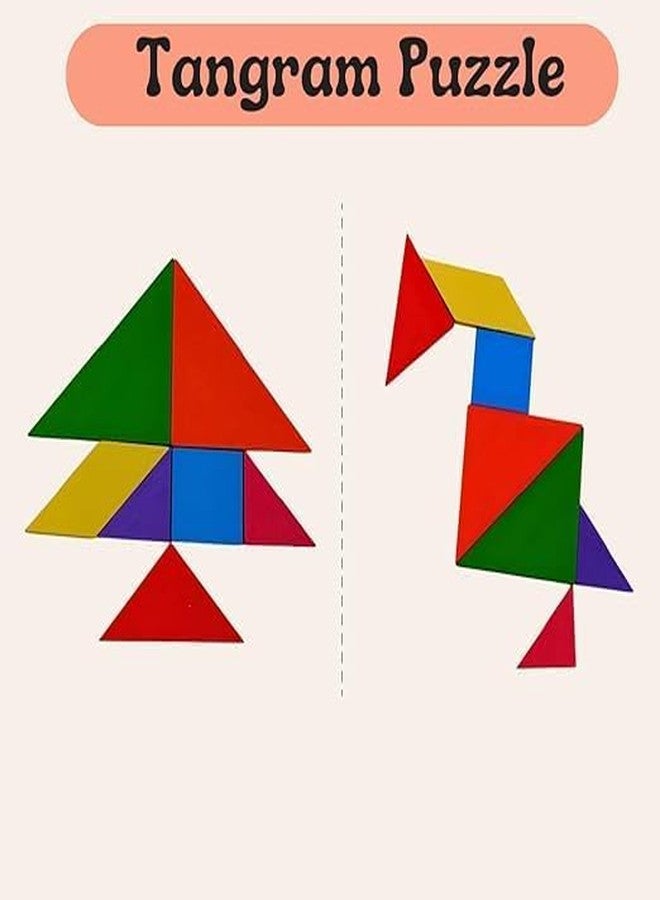 WEZOSHINET 3-in-1 Wooden Puzzle Toy for Kids Wooden Children's Educational Colorful Square Tangram Game Chess Xo Tic-Tac-Toe Nine-Square Three-in-One Puzzle Game Building Blocks Early Education Toy - Image 3